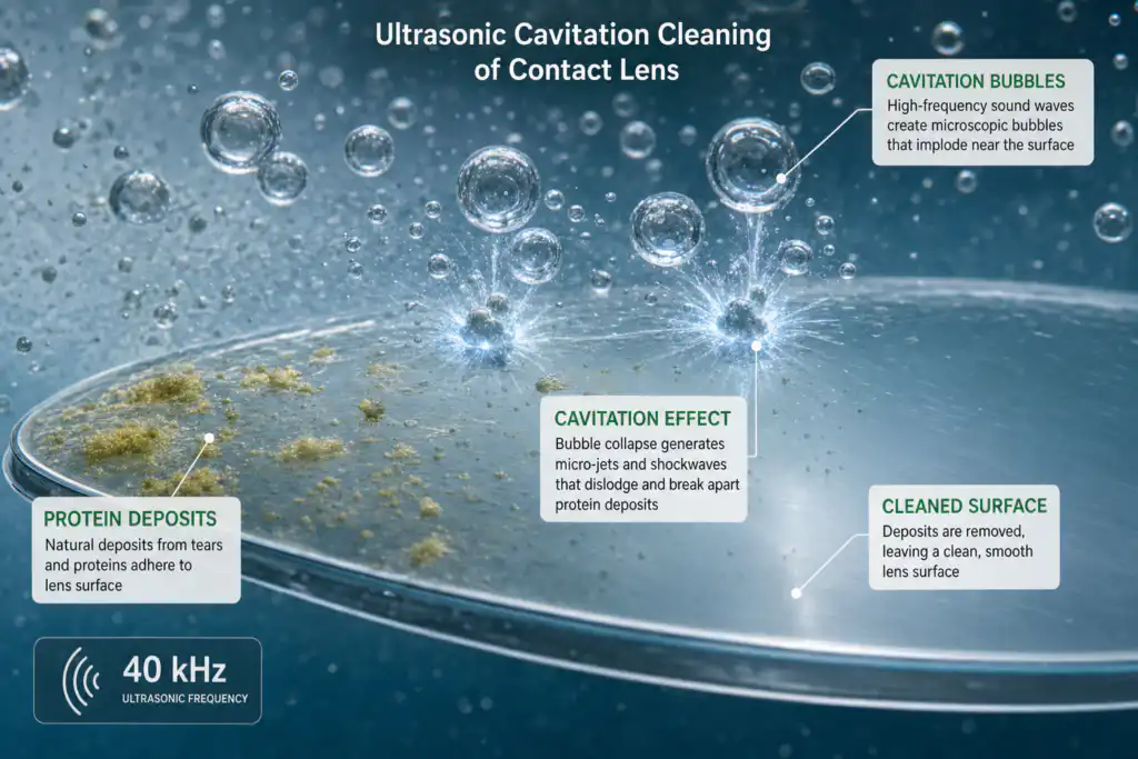 Microscopic view showing cavitation bubbles removing protein deposits from contact lens surface