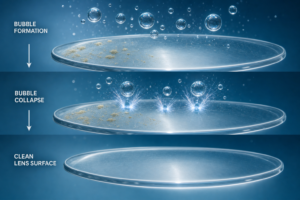 Diagram showing ultrasonic cavitation bubbles forming and collapsing around a contact lens surface
